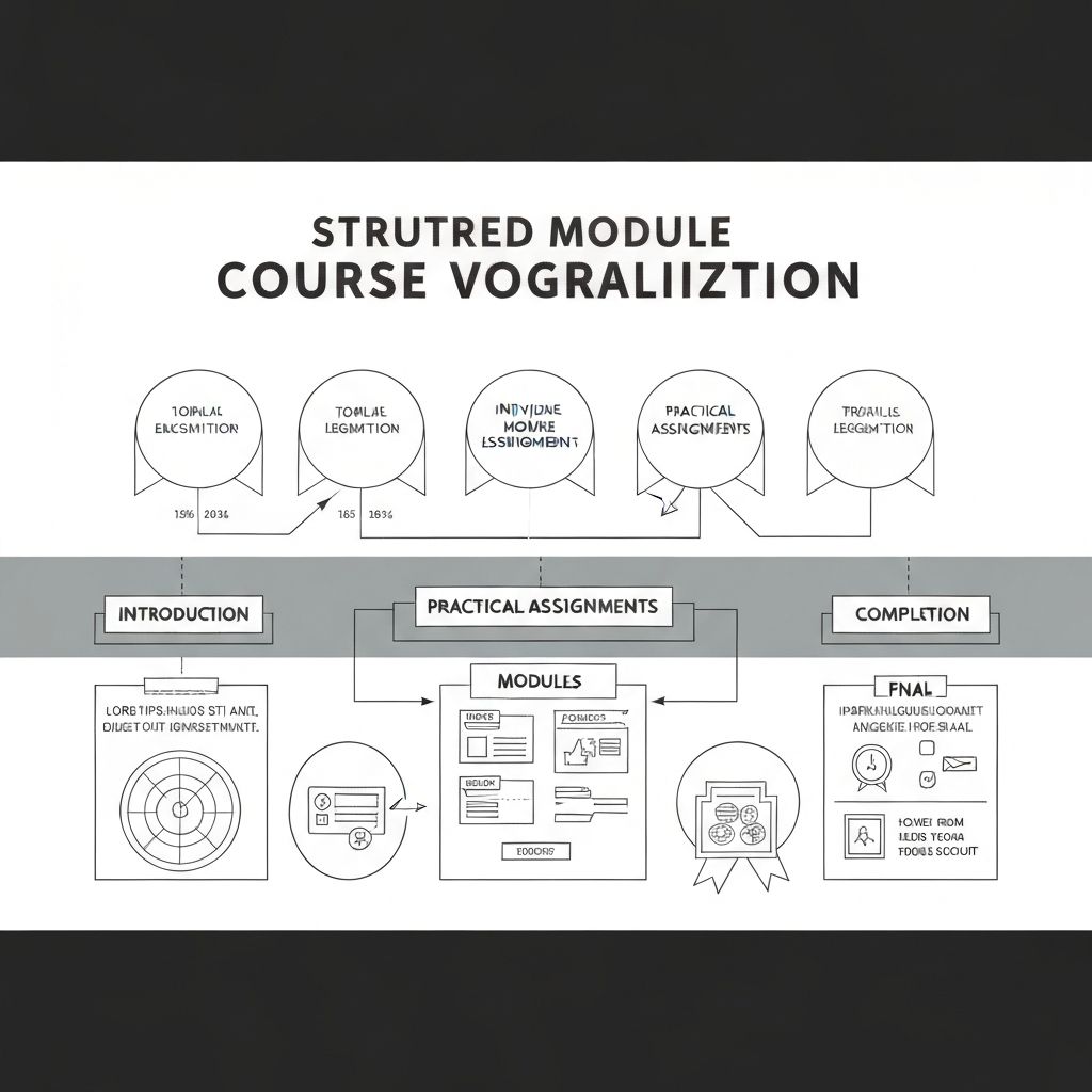 Диаграмма структурированных разделов курса: введение, модули, практика, итог