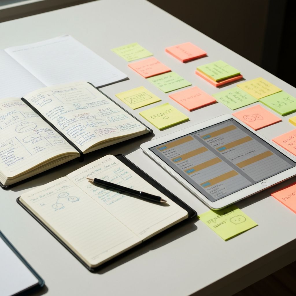 Различные типы записей: компьютерные и от руки, организованные на столе